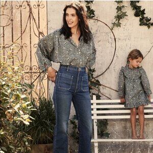 💕DOEN💕 O'Keeffe Top ~ Cream Blue Prancing Fawn Print Medium NWOT